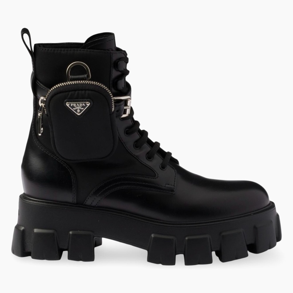 Prada Black Leather Combat Boots with Detachable Pouch